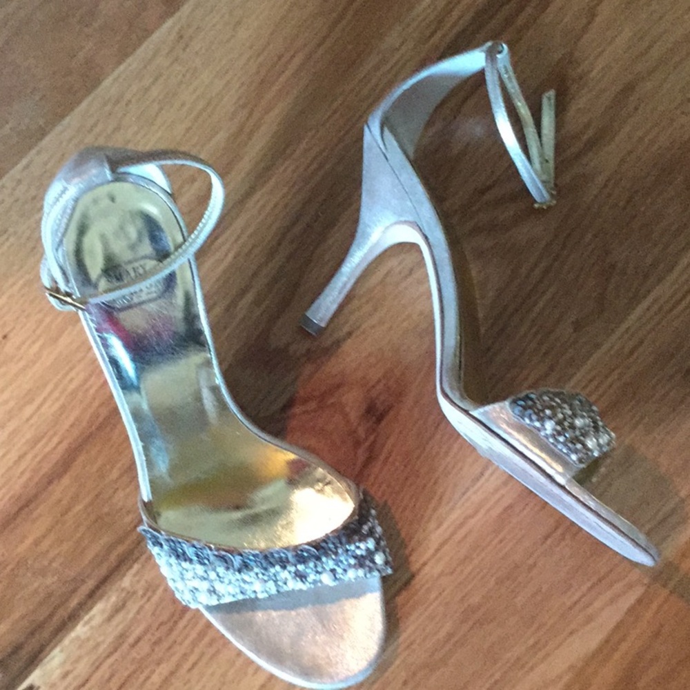 Mary Norton gold ankle strap heels with pearls